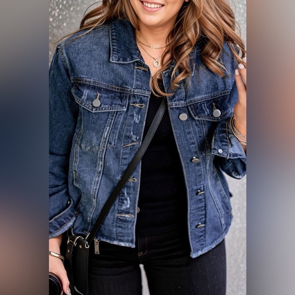 Plus Size Distressed Button Up Raw Hem Denim Jacket - Picture 1 of 5